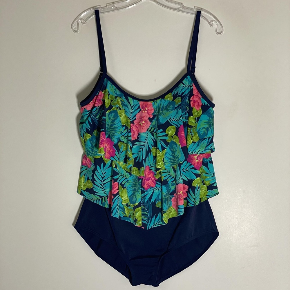 Calypso Cove Swimsuit Womens 14 Multicolor Tropical Floral Ruffle One Piece